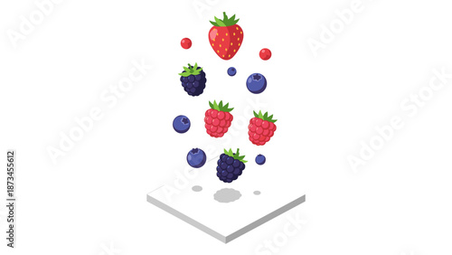 Floating berries in isometric style: strawberries, blackberries, and blueberries displayed above a platform