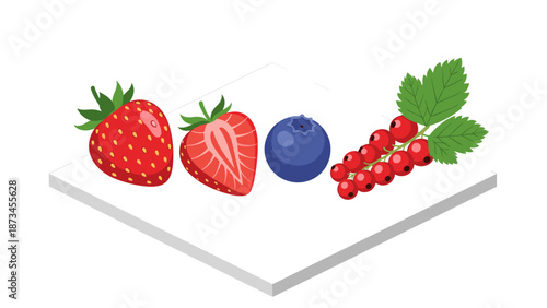 Colorful berry selection in isometric style with strawberries, blueberries, and red currants