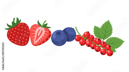Colorful fruit arrangement: strawberries, blueberries, and red currants with green leaves