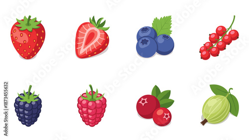 Colorful collection of fresh berries with leaves on white background