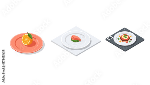 Isometric food art: elegant white plates with delicate meals and vibrant colors