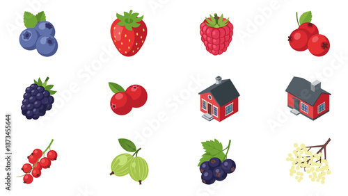 Colorful set of isometric berries and miniature houses on white background