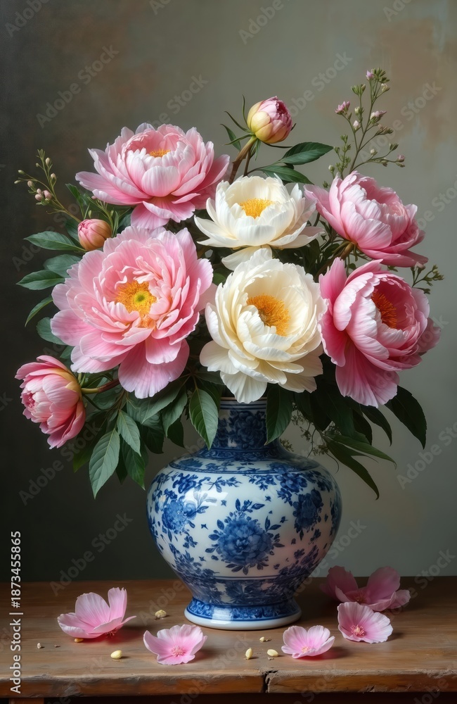 Obraz premium Pink and white peonies arranged in a blue and white vase. Delicate petals fall onto a wooden table. Lush green leaves surround the soft blooms.