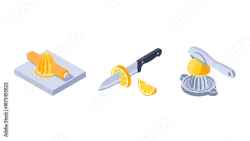 Isometric citrus juicing tools: hand juicer, knife, cutting board