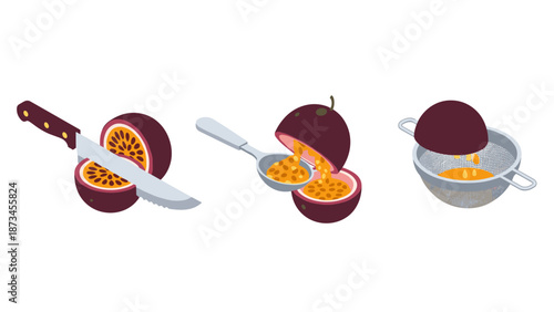 Isometric passion fruit preparation: slicing, scooping, and straining techniques