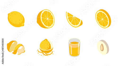 Isometric citrus collection: lemon slices, juice, and whole fruit