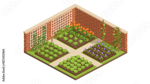 Isometric garden design with vegetables and flowers in raised beds