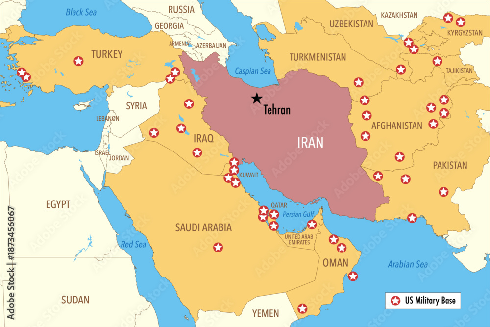 Fototapeta premium Map of US Military Bases Around Iran in the Middle East and Central Asia