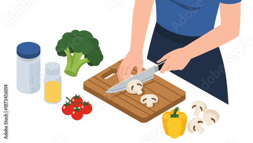 Isometric cooking scene with vegetables: chopping board and knife in modern style