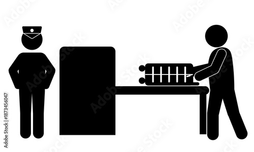 Airport security baggage screening pictogram icon, passenger and security officer silhouette vector