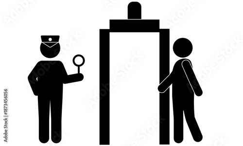 Airport security checkpoint pictogram icon, passenger passing security gate silhouette vector
