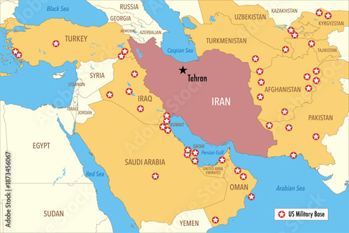 Map of US Military Bases Around Iran in the Middle East and Central Asia