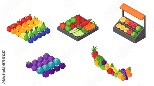 Isometric fruit and vegetable arrangements in vibrant colors