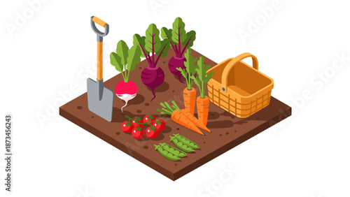 Isometric vegetable garden plot with fresh produce and garden tools