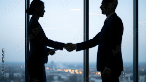 Business professionals shaking hands in modern office with city view