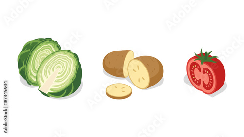 Fresh vegetable trio: cabbage, potato, and tomato in flat style on white background