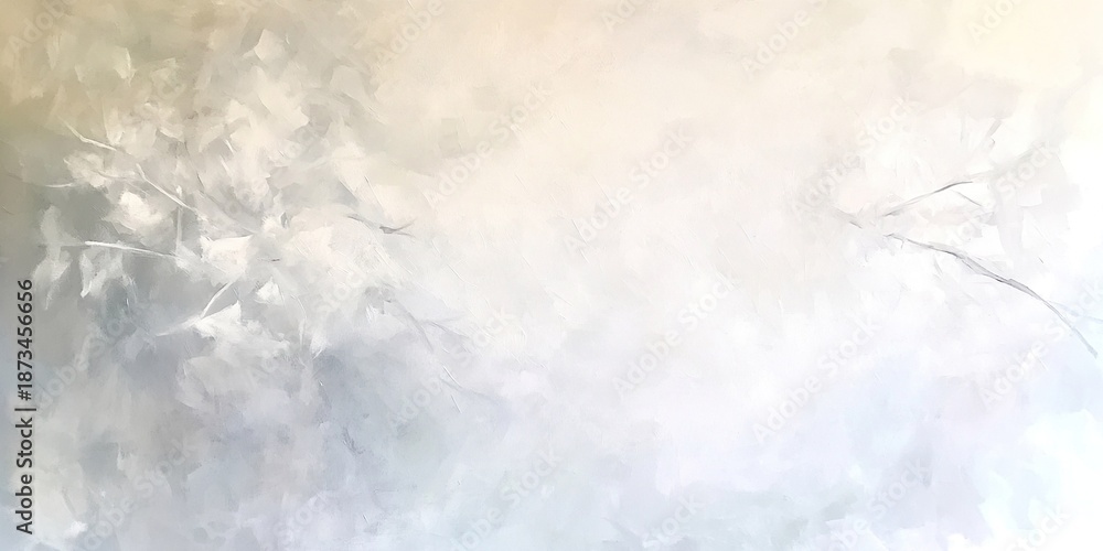 Obraz premium Abstract impressionist oil painting, ethereal dreamscape, delicate winter branches emerging, palette of creamy white, pale blue, and soft champagne gold, elegant and serene