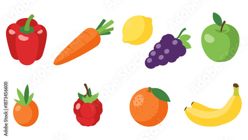 Colorful assortment of fresh fruits and vegetables on white background