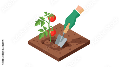 Isometric gardening scene with tomato plant and garden trowel on soil