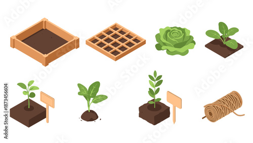 Isometric gardening elements: raised beds, seedlings, and tools for home cultivation