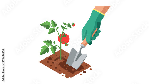 Planting tomato seedling with trowel and gloved hand in garden bed