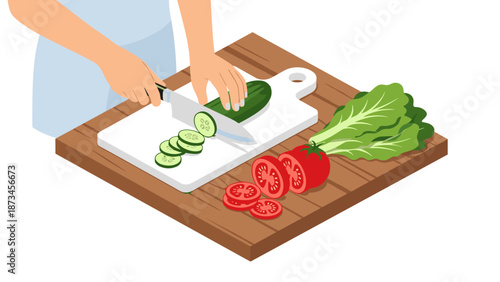 Isometric scene of hands slicing fresh vegetables on a wooden cutting board