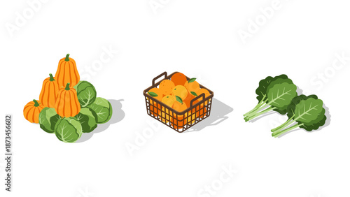 Isometric vegetables and fruits with pumpkins brussels sprouts oranges and broccoli