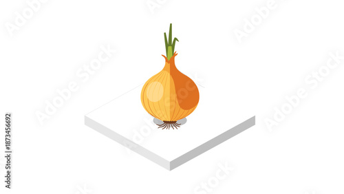 Isometric yellow onion on white platform with green sprout