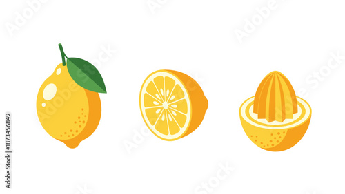 Fresh citrus trio: whole lemon, juicy half, and squeezer in vibrant cartoon style