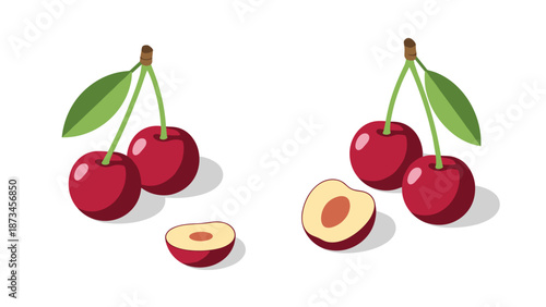 Fresh cherries with leaves and halves on white background in isometric style