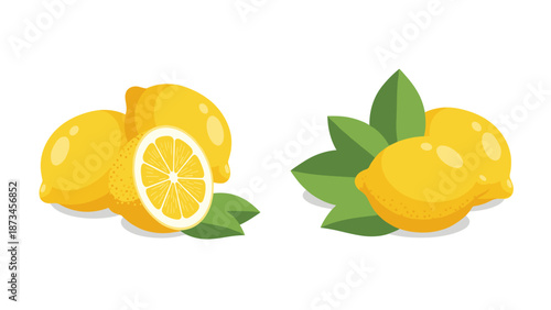 Fresh lemons with green leaves on white background