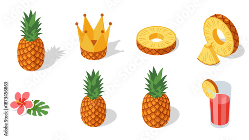 Pineapple collection: whole, sliced, crown, flower, tropical drink isometric set