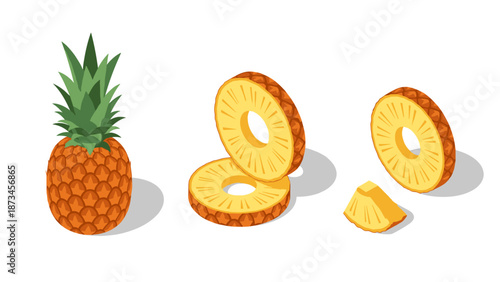 Fresh pineapple and slices in isometric design on white background