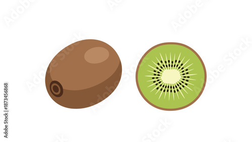 Fresh kiwi fruit: whole and sliced with vibrant colors in a minimal flat style