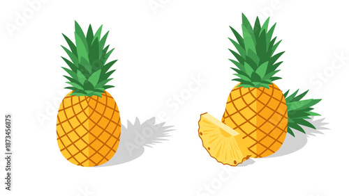 Fresh pineapple duo with sliced wedge on white background
