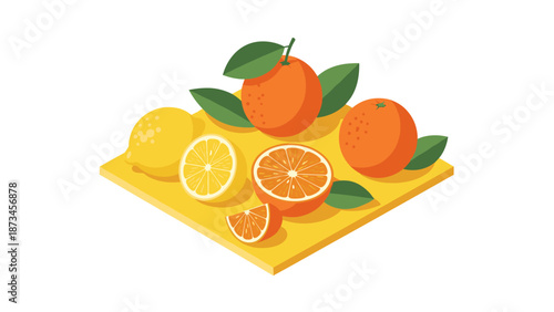 Citrus fruits composition in flat design on yellow cutting board