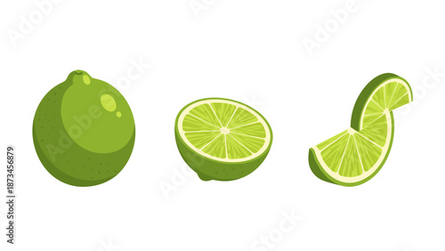 Vibrant lime set with whole, halved, and sliced lime on white background