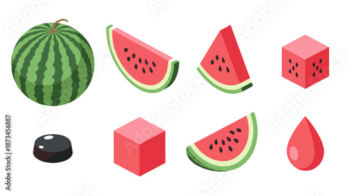 Colorful watermelon set with diverse shapes in isometric style