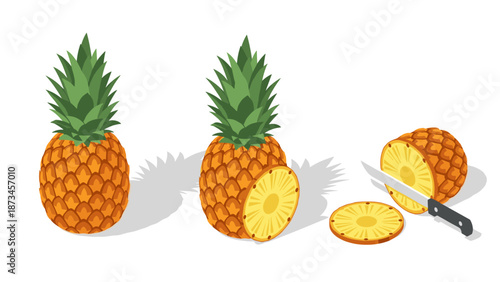 Isometric pineapples whole and sliced with knife on white background