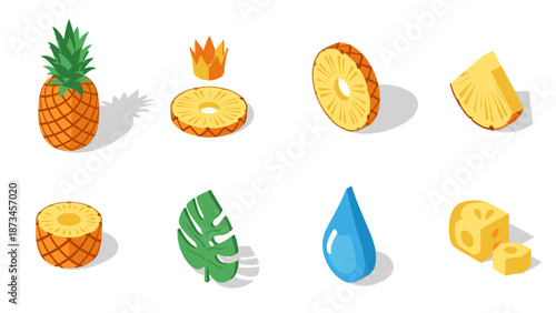 Isometric tropical pineapple and leaf icons set on white background