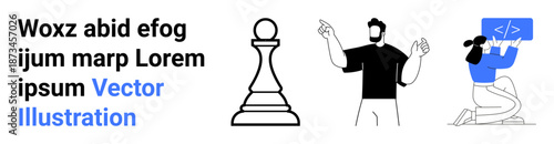 Business strategy, teamwork, software development, leadership, education, problem-solving. Chess piece, a man pointing a seated coder with a screen. Business strategy and teamwork concept