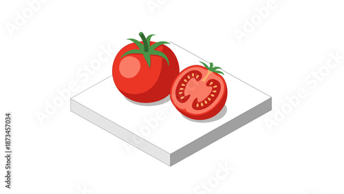 Isometric tomato slice and whole tomato on white platform