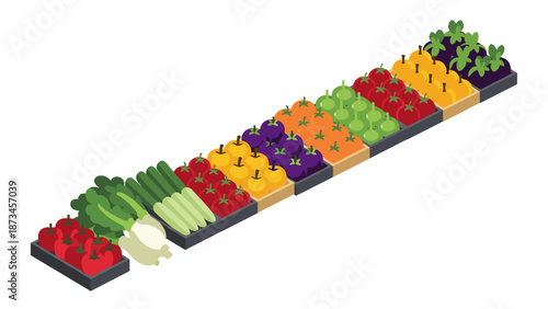 Vibrant isometric vegetable garden display with diverse fresh produce