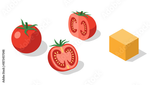 Isometric tomato and cheese cube: fresh ingredients in geometric style