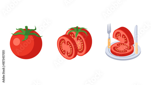 Fresh tomato variations: whole, sliced, and served on a plate with cutlery