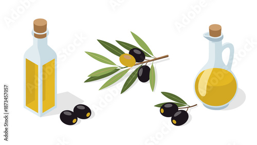 Isometric olive oil design with bottle and black olives