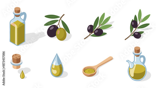 Isometric olive oil set with bottles, olives, and leaves illustrations
