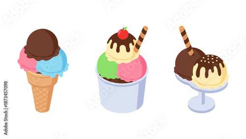 Colorful isometric ice cream trio with cone, cup, and bowl