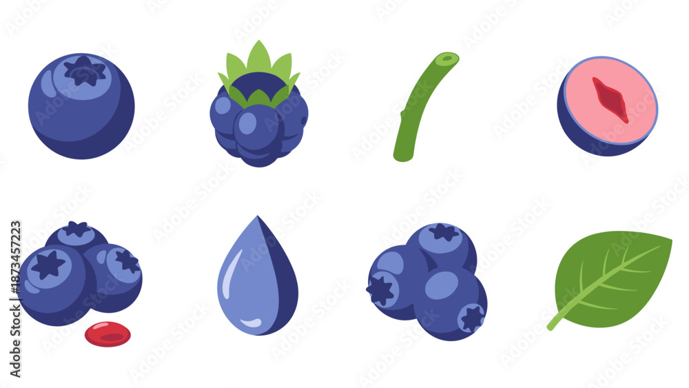 Fototapeta premium Vibrant blueberry and berry icons in modern flat design