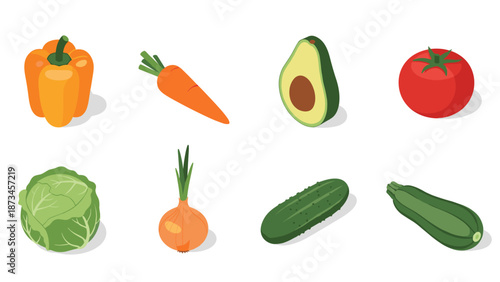 Isometric fresh vegetables collection: pepper, carrot, avocado, tomato, cabbage, onion, cucumber, zucchini